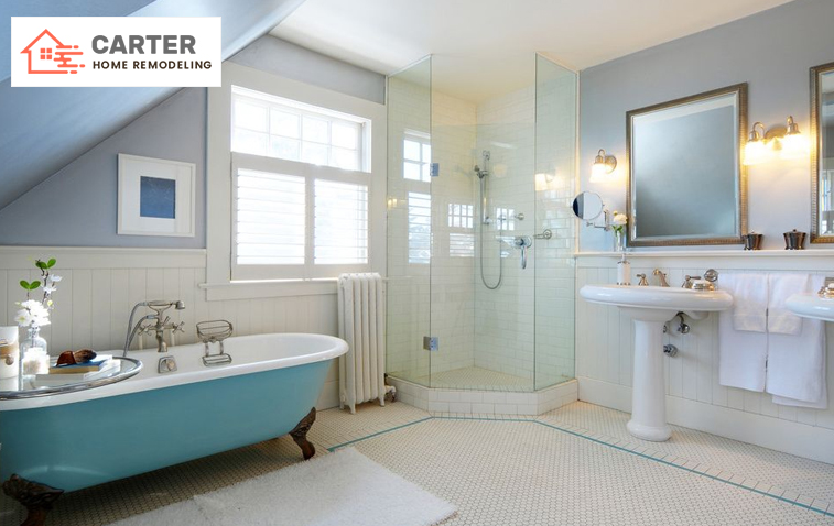 Contemporary bathroom design with no-curb shower, floating vanity, and mirrors