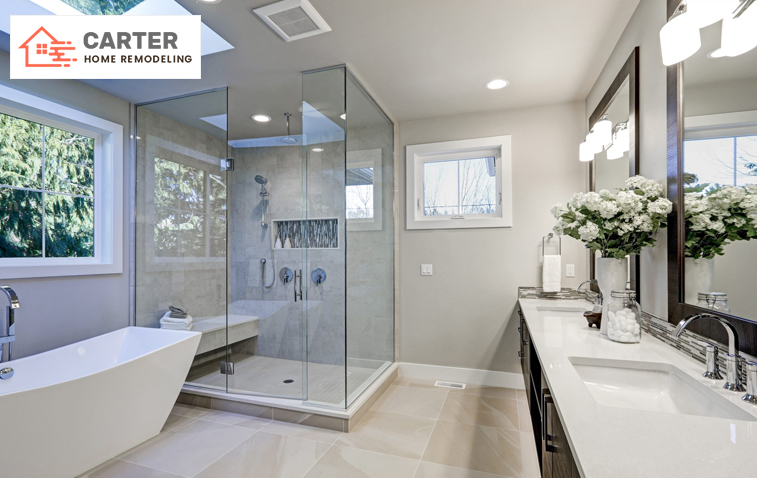 Luxurious, modern bathroom with glass-enclosed shower and elegant fixtures