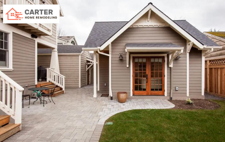 Detached accessory dwelling unit (ADU) serving as a granny flat, featuring a separate entrance