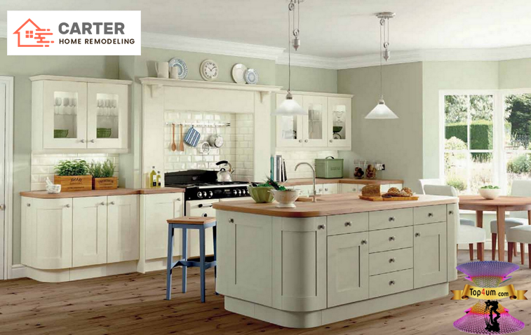 Kitchen featuring a beautiful wooden countertop and ample storage space.