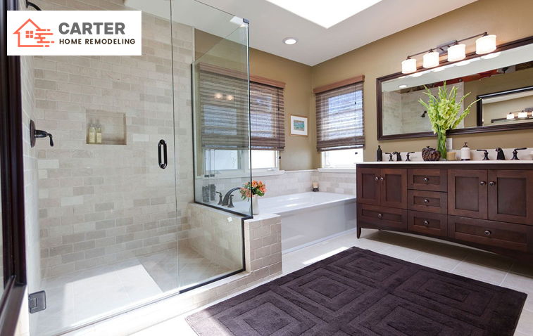 Small bathroom with frameless shower door, bold cabinets, and long mirror for spacious feel